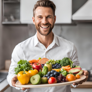 A happy healthy man holding a platter of fruits