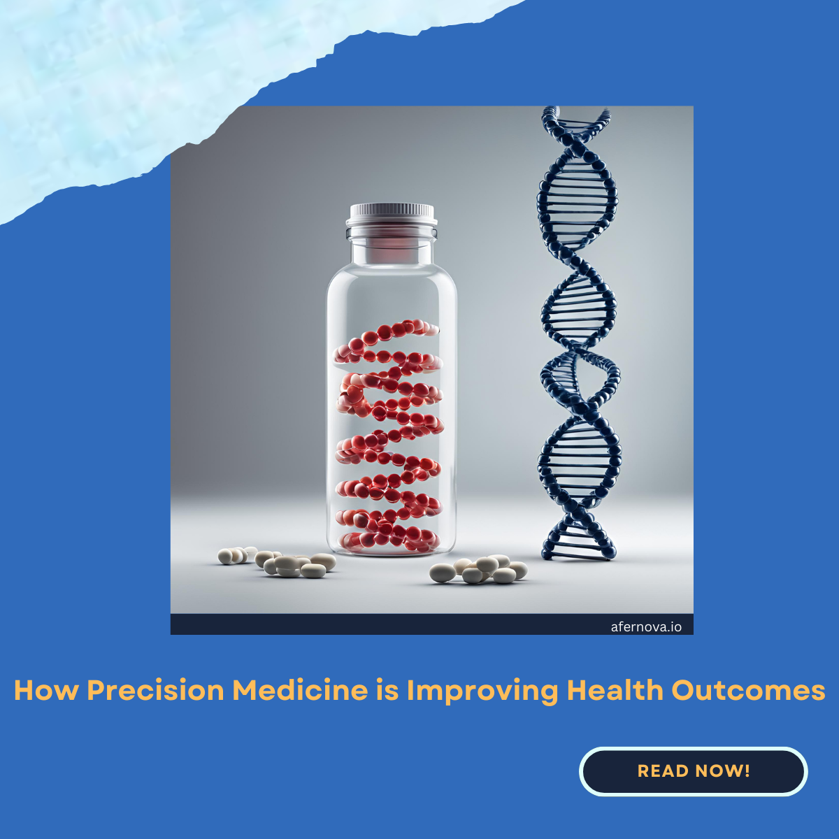 A bottle of pills with a RNA strand in it and beside it a DNA helix with pills in front
